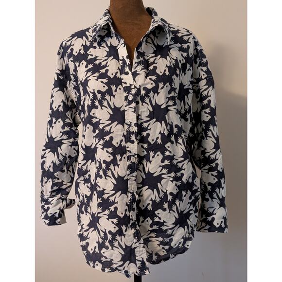 ​Lesley Evers Navy & White Frog Print Linen Blend Button-Down Shirt - Size Large - Picture 2 of 10